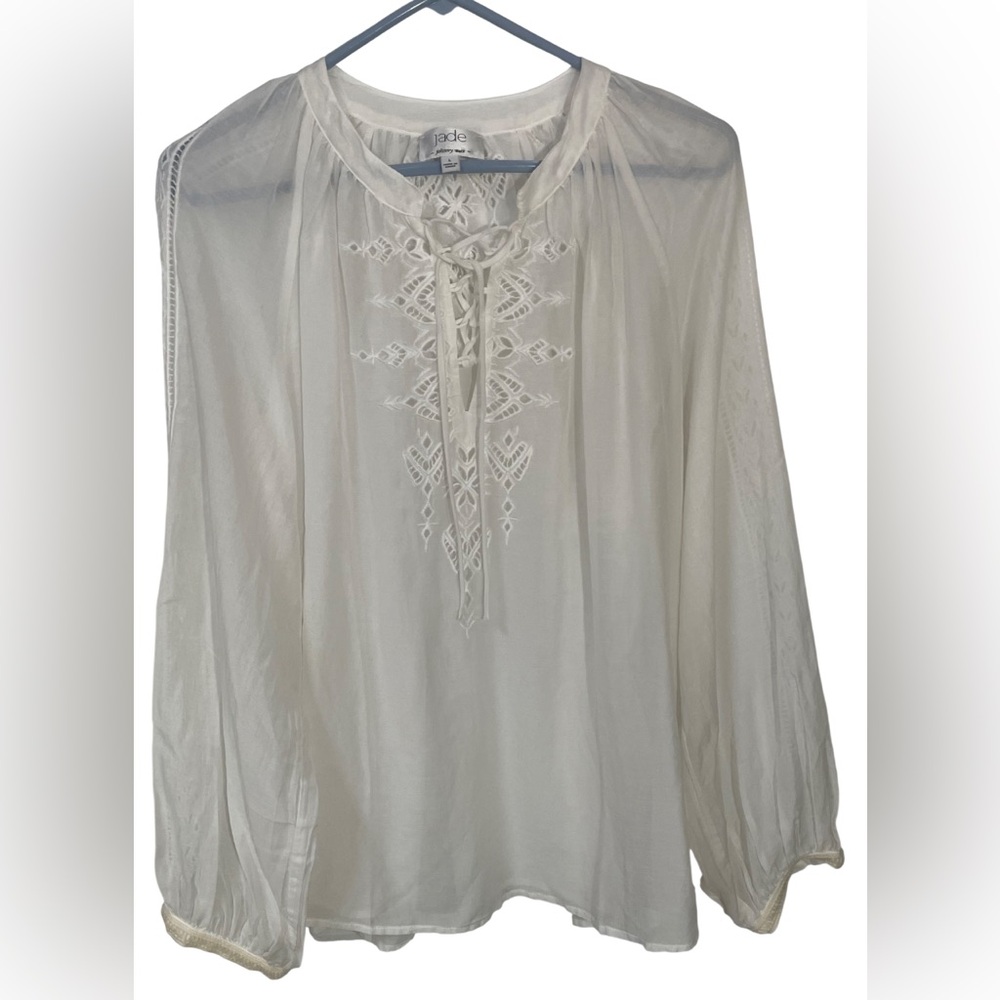 Johnny Was Jade Shirt Blouse White Large Embroidered Silk Cotton Boho Festival